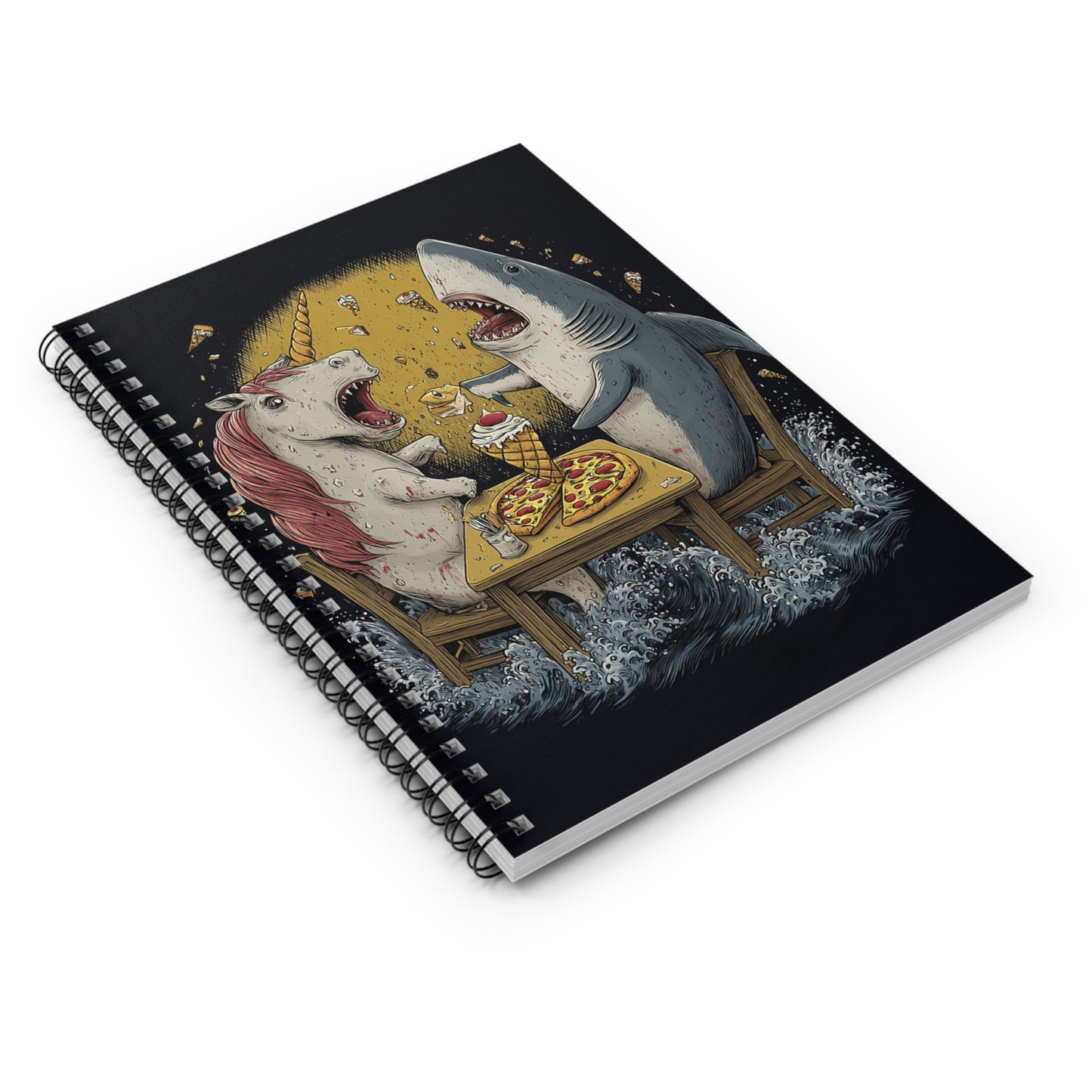 Unicorn vs Shark Spiral Notebook — Funny Pizza & Ice Cream Illustration