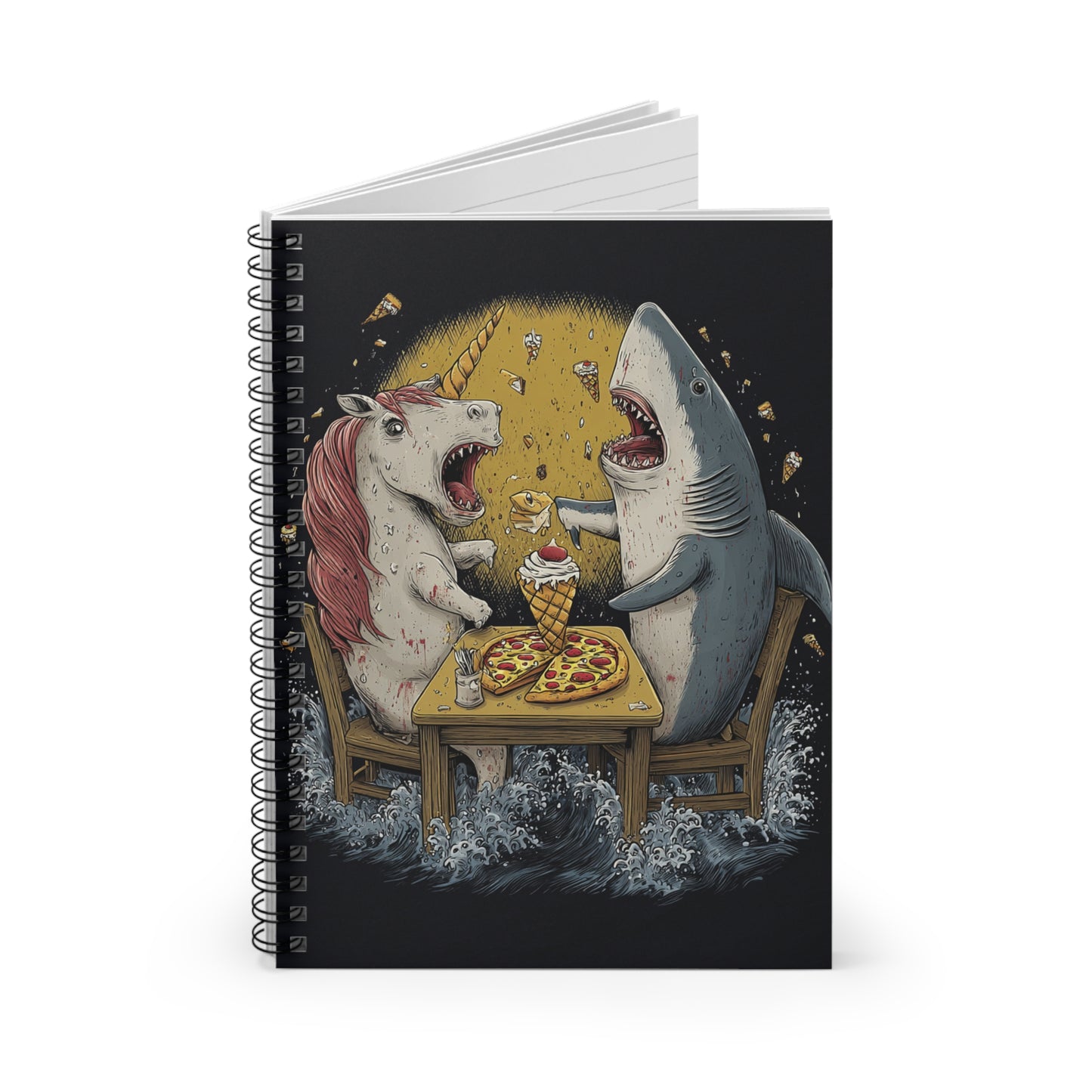Unicorn vs Shark Spiral Notebook — Funny Pizza & Ice Cream Illustration