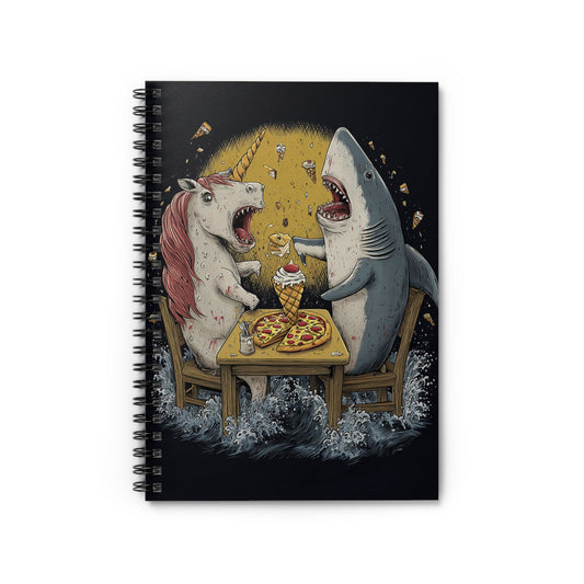 Unicorn vs Shark Spiral Notebook — Funny Pizza & Ice Cream Illustration
